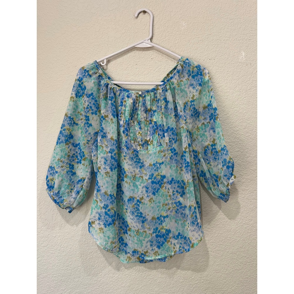 Abercrombie & Fitch Floral Sheer Pleated Blouse Blue Green XS 3/4 Sleeve Top